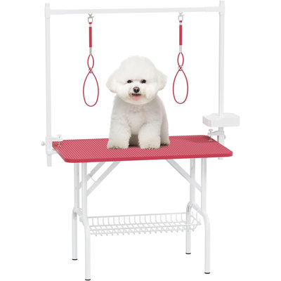 36in Large Dog Grooming Table, Foldable Pet Station At Home, Dog Grooming Table,adjustable Cat Drying Desktop With Arms,tools Storage Rack, Nooses, Mesh Tray,pink