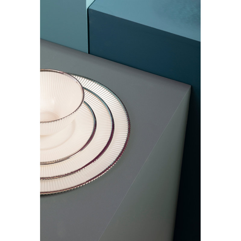 Ida White Embossed Glass Dinner Plate with Silver Rim, Silver/Grey