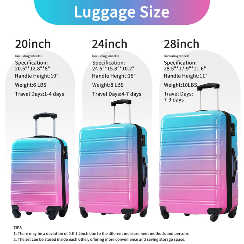 Valise extensible 3 pièces à roulettes Hardshell avec roulettes pivotantes et verrou TSA léger, Bleu/rouge