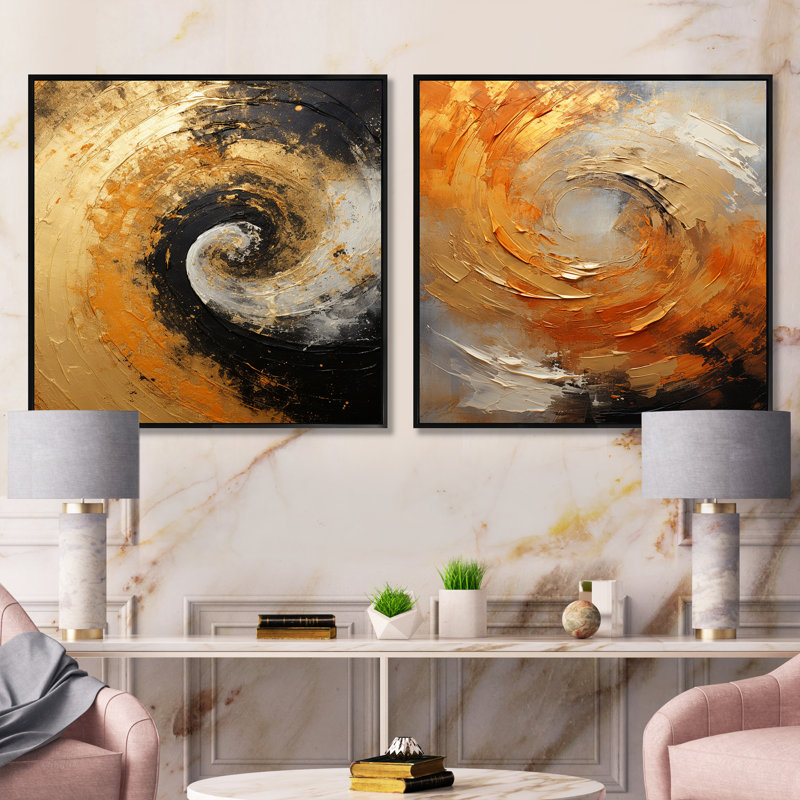 Mirage spirale doré doré noir - ensemble de 2 collages carrés abstraits en spirale, Cadre flottant noir, H 16 po x l 33 po