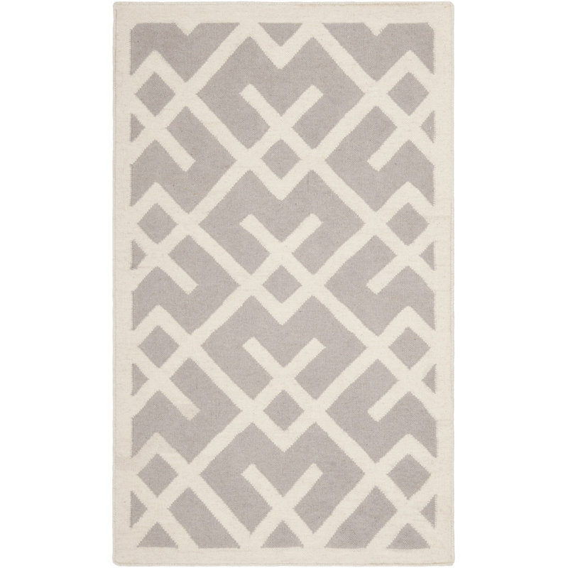Rodgers Hand Woven Flat Weave Wool/Cotton Geometric Rug in Ivory/Grey, Rectangle 3' x 5'