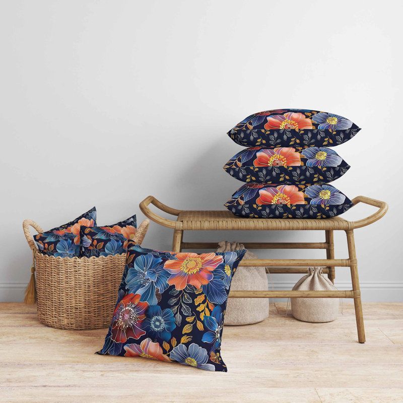 Coussin Painted Petalscape, Carré 16 po, Bleu / Noir / Orange