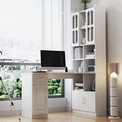 Bureau d'ordinateur d'angle en L pour bureau à domicile ou bureau d'étude, table d'étude de style moderne avec tiroirs, bibliothèque et huche, conception en L 2 en 1, grand espace de travail, blanc