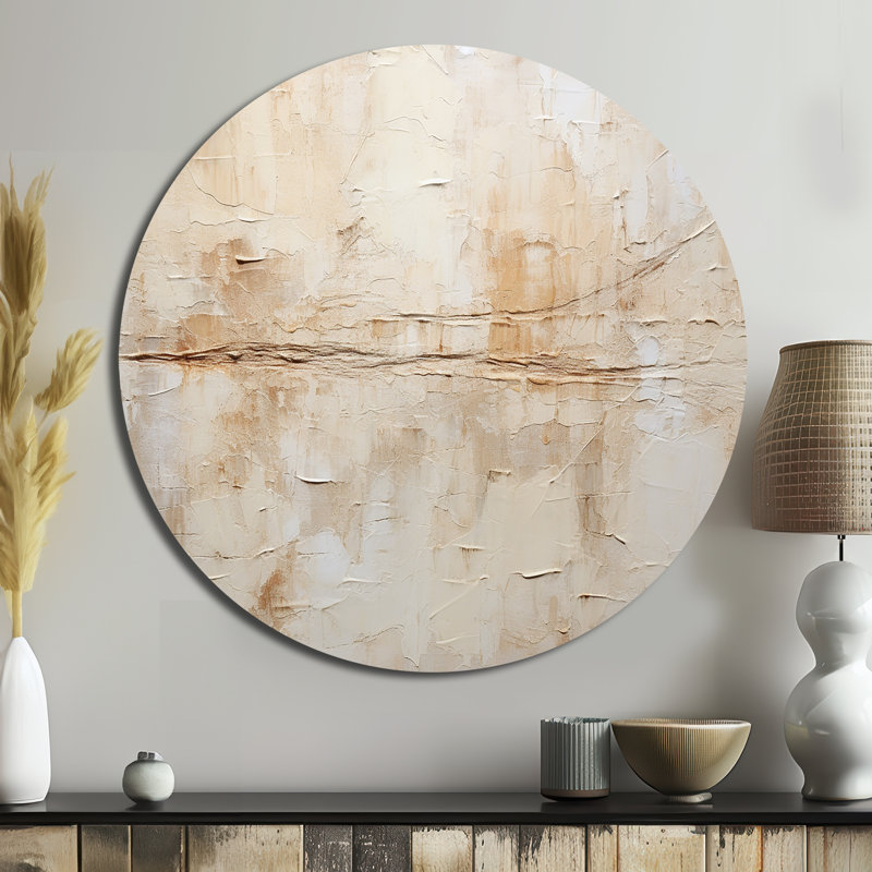 Minimalisme beige et blanc intemporel - Art mural rond en métal abstrait, H 36 po x l 36 po