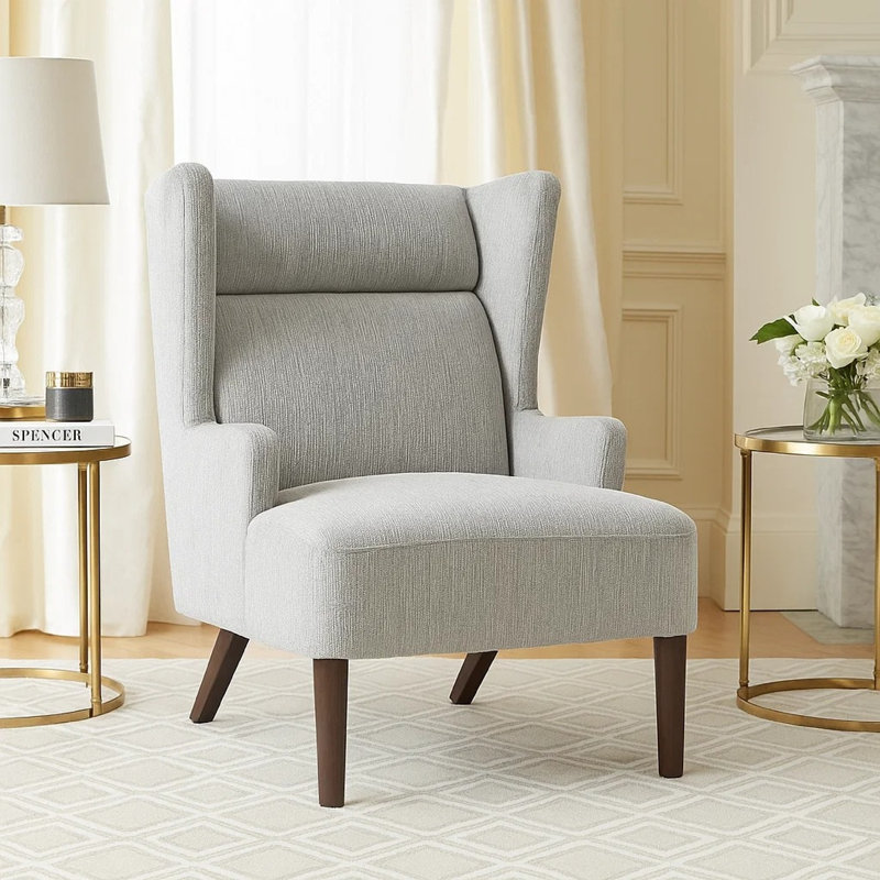 Fauteuil d'appoint Joen, dossier à oreilles haut, chenille grise, pieds en bois, Gris