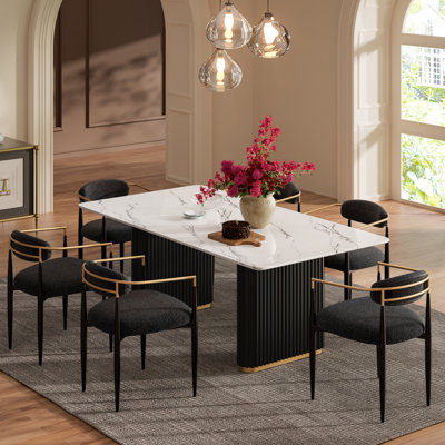 Aureon 6-Person Rectangular Double Pedestal Dining Table Set with Bouclé Upholstered Chairs