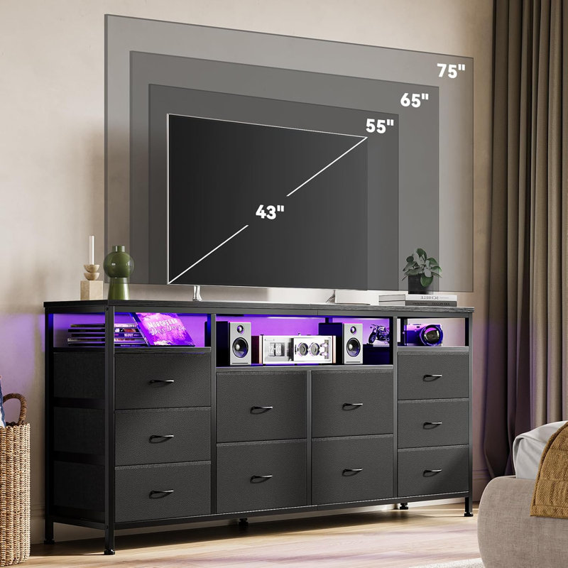 Commode 10 tiroirs pour chambre à coucher Meuble télé 63,3 po pour télévision 65 75 po, Noir