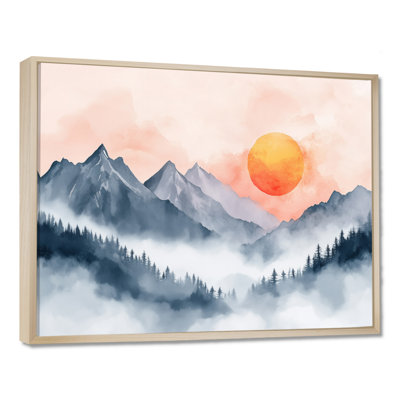 Art mural montagne minimaliste, toile soleil levant, montagne minimaliste avec soleil levant