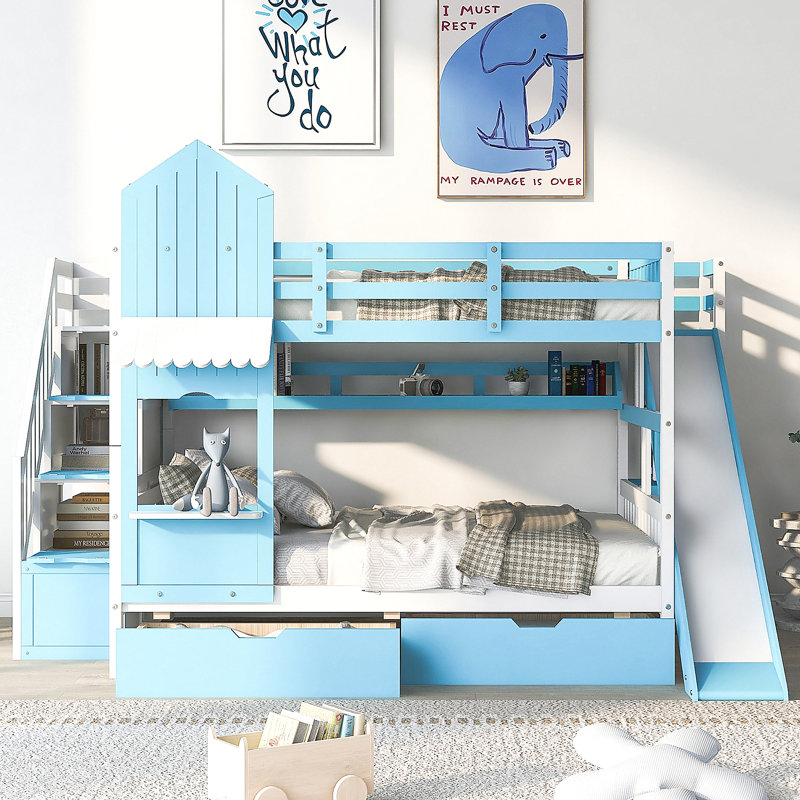 Lit superposé double de style château avec 2 tiroirs et 3 glissières, Bleu
