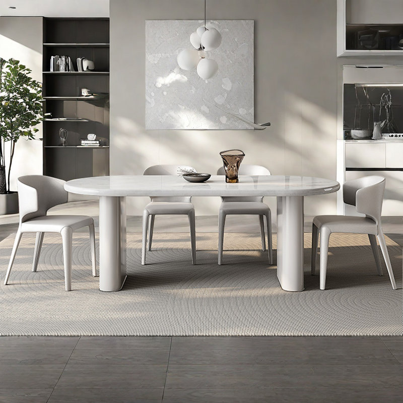 Modern White Oval Marble Dining Table Set, 29.9"H x 70.9"L x 35.4"W