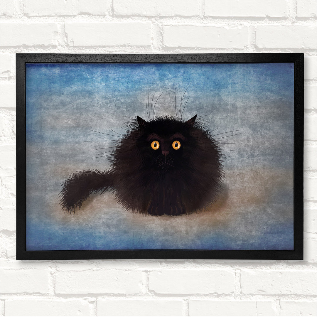 Black Fuzzy Cat - Closed Corner Frame Kunstdrucke auf Holz