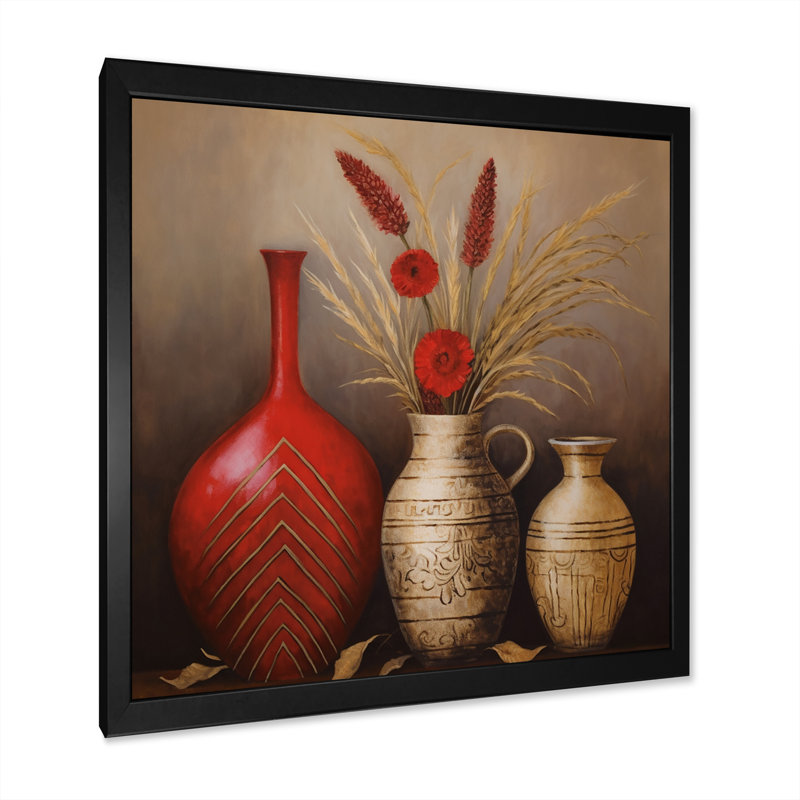Nature morte, vase rouge avec blé et fleurs rouges - reproduction sur toile, H 36 po x l 36 po x P 1,5 po, Cadre simple noir