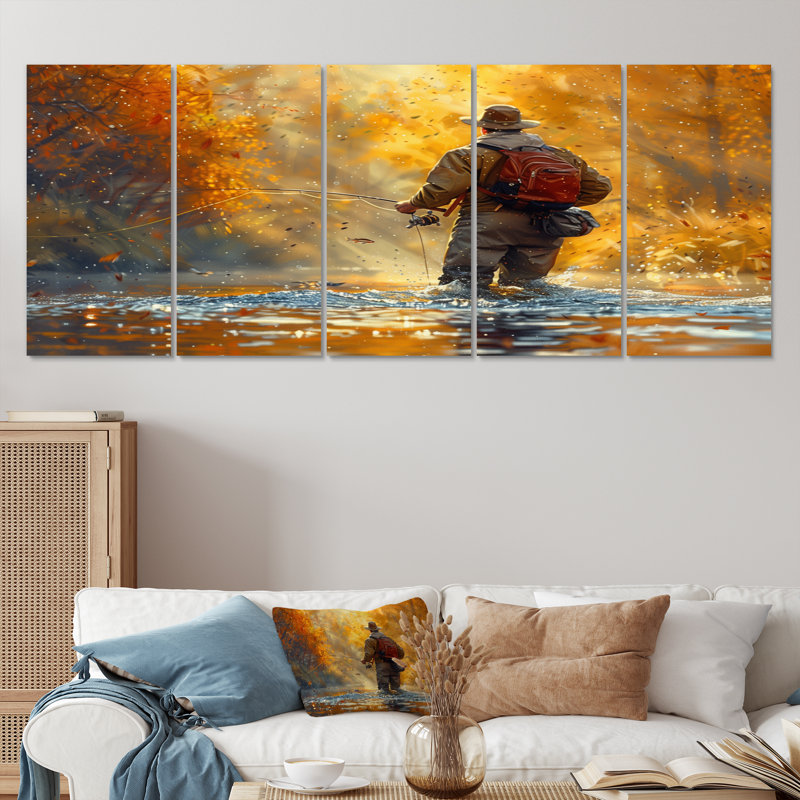 Autumn River Fishing - Chasse et pêche, ensemble de salon d'art mural, H 32 po x l 80 po