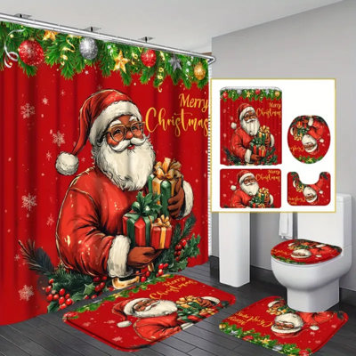 4Pcs Festive Santa Claus Shower Curtain Set, Bathroom Curtain With 12 Hooks, S, Non-Slip Bath Rug, Toilet U-Shape Mat, Toilet Lid Cover Pad, Bathroom Accessories, Bathroom Christmas Decorations Gifts