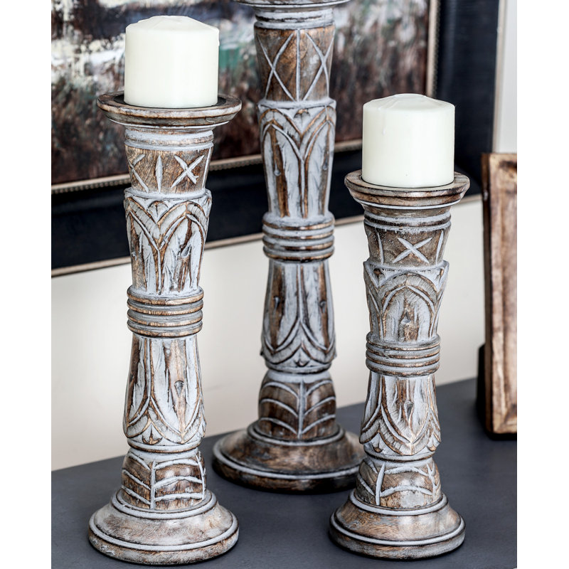 Light Brown Mango Wood Pillar Candle Holders, Set of 3