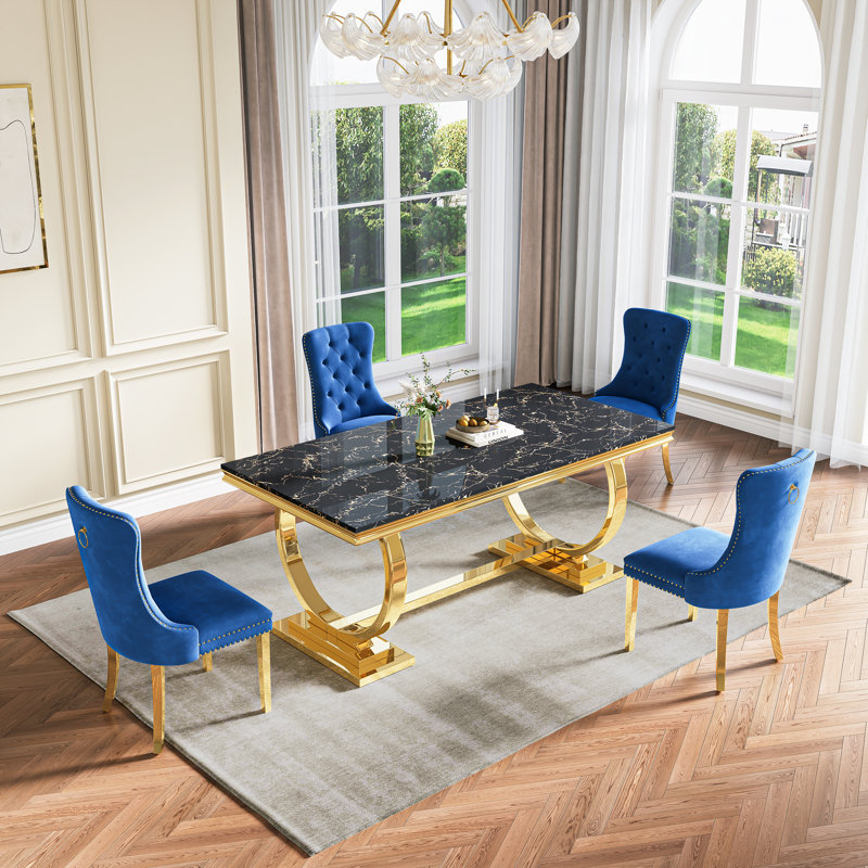 Rectangular 70.1"L X 35"W Dining Set, Bleu / doré, Noir et or, 5 pièces: table, 4 chaises