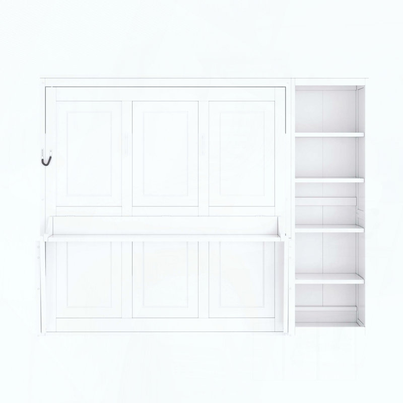 Grand lit escamotable avec bureau et tablettes, Blanc, Grand lit