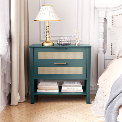 Table de chevet étroite en rotin avec 2 tiroirs et tablette de rangement Boho