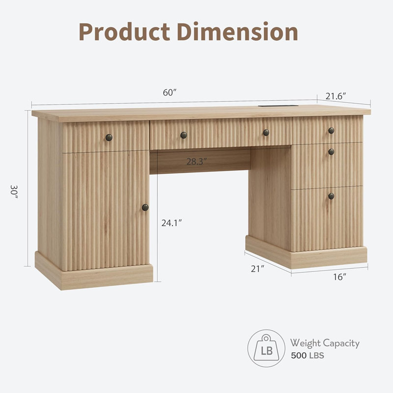 Bureau de 60 po avec armoire de rangement et tiroirs, bureau d'ordinateur en bois cannelé avec prise de courant et tablettes réglables