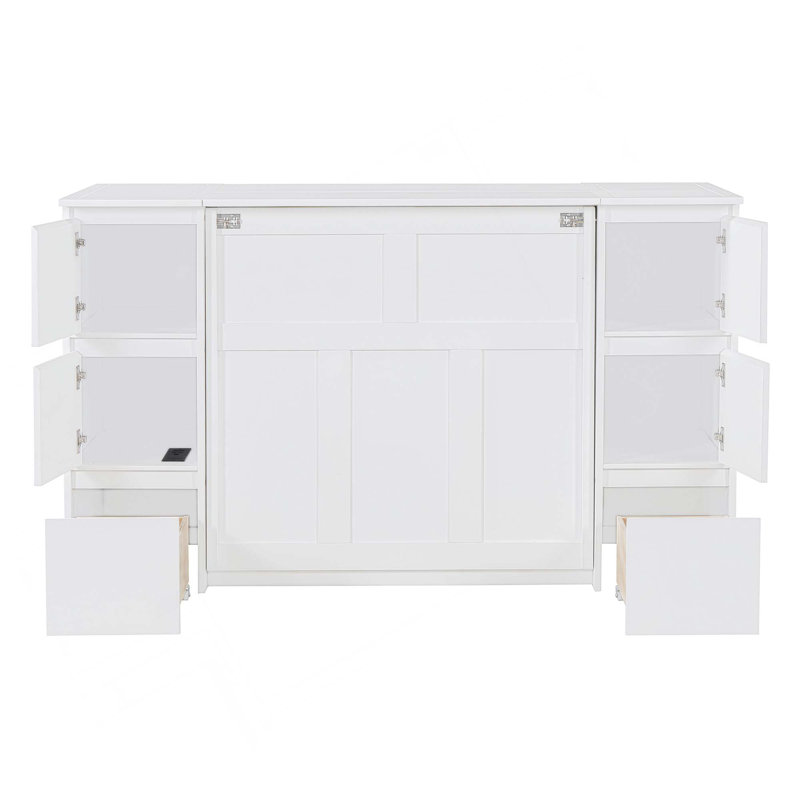 Lit escamotable avec tiroirs, armoires et ports USB, Simple, Blanc