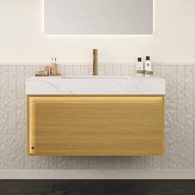 Meuble-lavabo 36 po, meuble de rangement flottant en contreplaqué Slime, tiroir avec capteur de lumière, lavabo encastré en céramique Carrara blanc, grain de bois clair