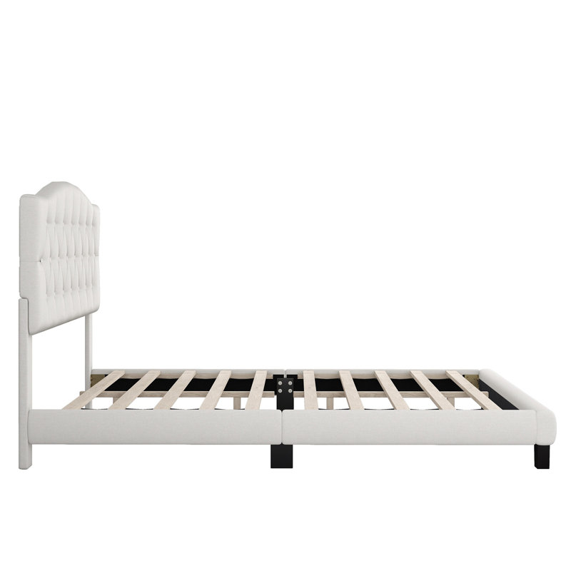 Elegant Upholstered Platform Bed with Saddle Curved Diamond Tufted Headboard, Queen Size Beige Bed Frame