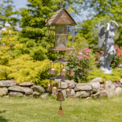 Long Hanging Cottage-Chaped Iron Birdfeeder with Toadstool & Bell Accents