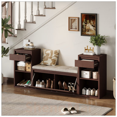Banc de rangement tout-en-un avec coussin, compartiments, tiroirs, tablettes ouvertes et rangement multizone pour le couloir, le vestibule et le salon