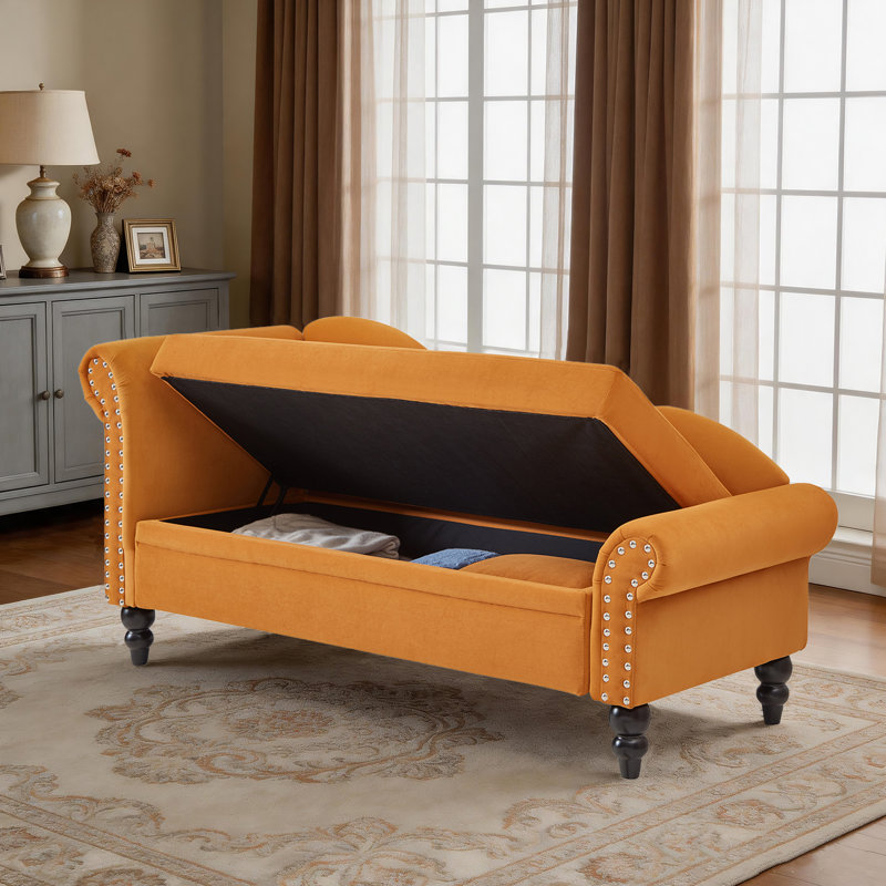 Méridienne moderne en velours - Canapé de rangement avec accoudoir gauche, coussin lombaire et garniture cloutée argentée pour la chambre à coucher, le salon ou le bureau