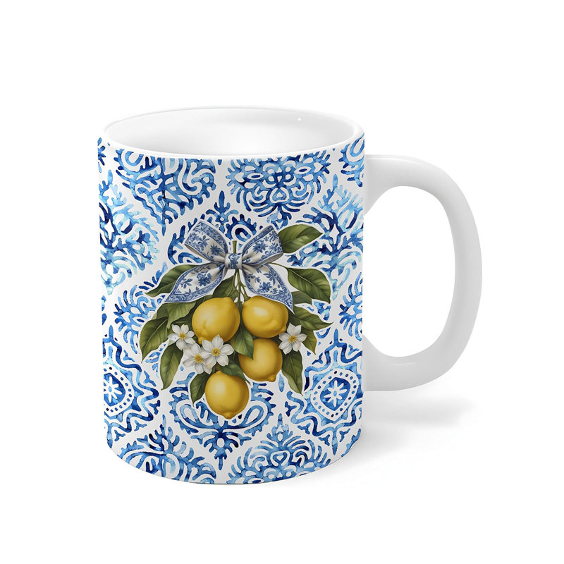 Blue Chinoiserie Bow Lemon Ceramic Mug Cup With Handle 11 Oz, Lemon Themed Gifts, Amalfi Coast Mediterranean Italian Summer Citrus Fruit Porcelain Mugs for Coffee Tea Hot Cocoa Milk