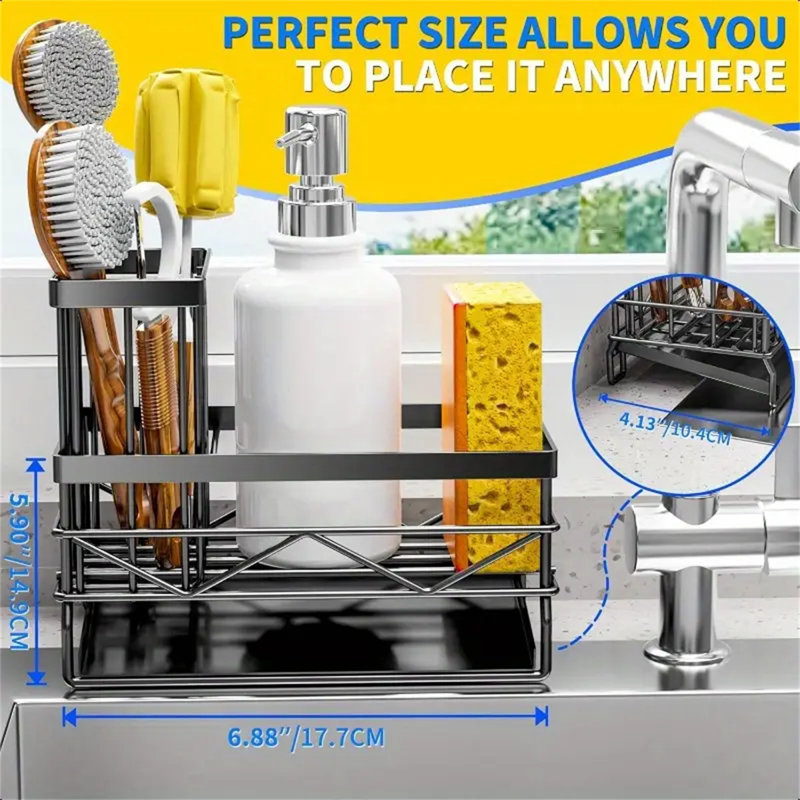 Organisateur de chariot d'évier de cuisine en acier inoxydable antirouille avec porte-éponge, rangement pour brosse et compartiments à ustensiles - Accessoires d'évier en métal noir pour nettoyeur, éponges et brosses, accessoires d'évier de cuisine