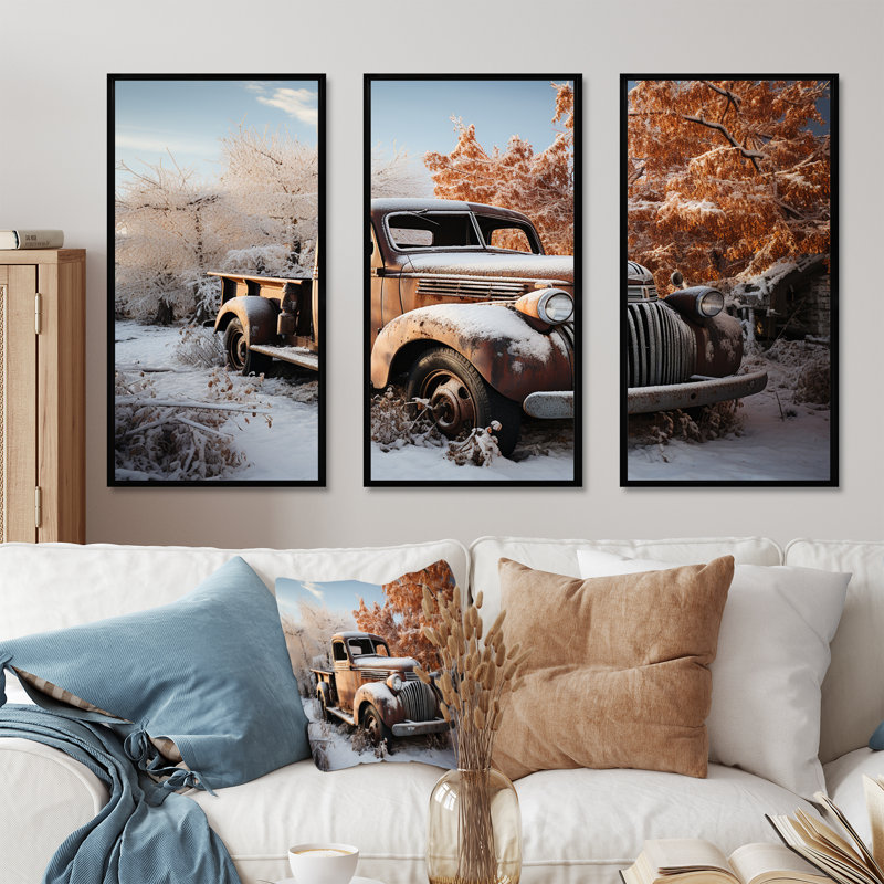 «Truck Pickup Charm In Winter I» - Ensemble de décoration murale camionnette, Cadre flottant noir, H 40 po x l 60 po x P 1 po