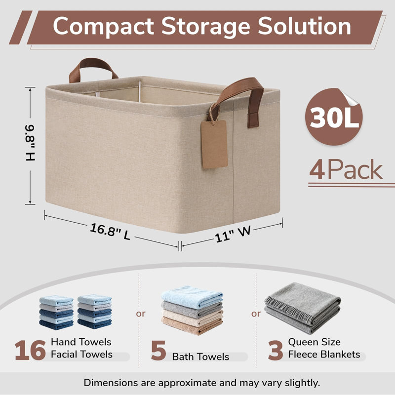 Set Of 4 Collapsible Large Fabric Storage Baskets With Handles, Decorative Closet Organizer Bins For Bedroom And Living Room, 16.8 In X 11 In X 9.8 In