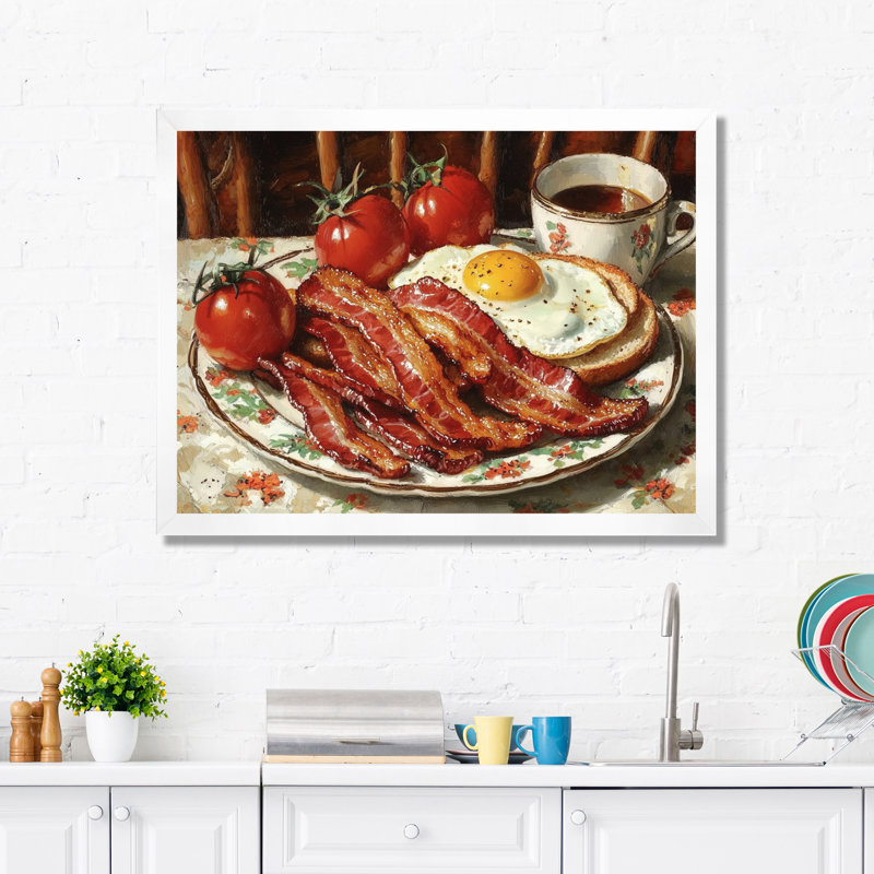 1950 s, petit-déjeuner américain rétro, art mural petit-déjeuner, H 34 po x l 44 po, Cadre simple, Blanc