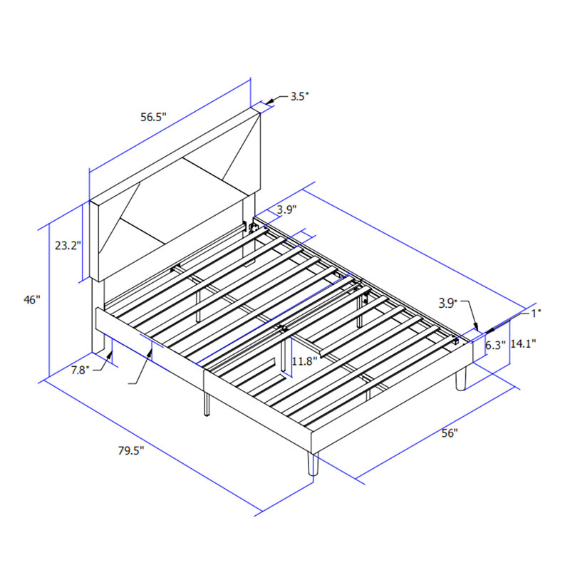 Structure de lit double pleine grandeur, tissu gris, tête de lit, support en bois, sans sommier, lit à assemblage simple, lattes, assemblage facile, support de matelas