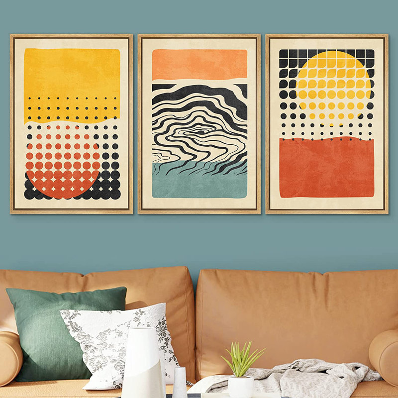 «Abstract Vibrant Color Blocks» Mid-Century Colorful Polygon Collage Abstract Geometric - 3 pièces, ensemble d'art graphique sur toile flottante