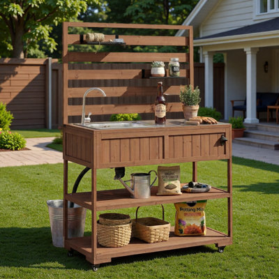 Grand chariot de cuisine pour îlot de cuisine avec évier, plateau de table en acier inoxydable, tablettes ouvertes, 2 tablettes mobiles et 1 ouvre-bouteille