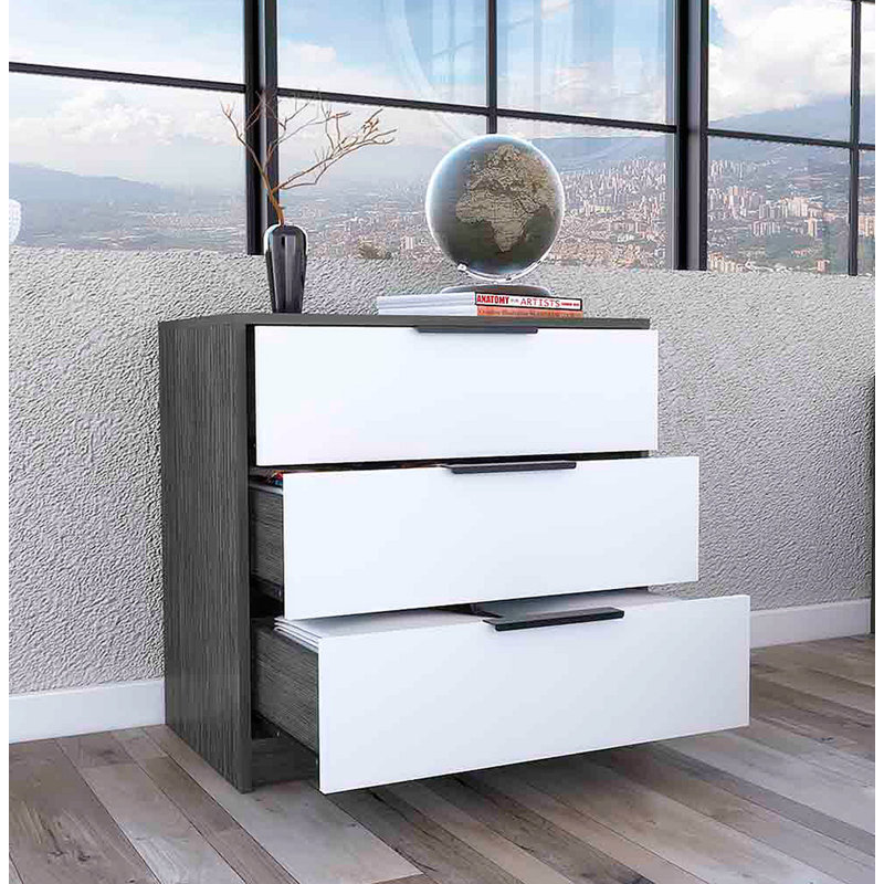 Commode 3 tiroirs, Blanc / gris