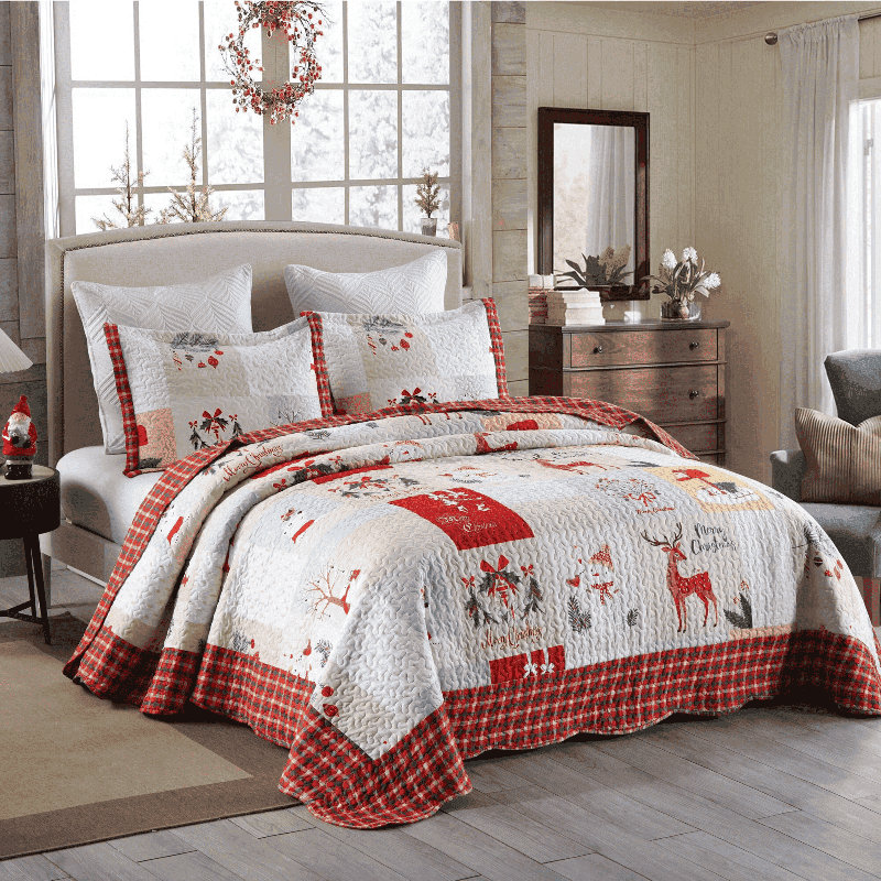 Ensemble de courtepointe réversible légère avec couvre-oreillers Marcielo, Rouge / gris