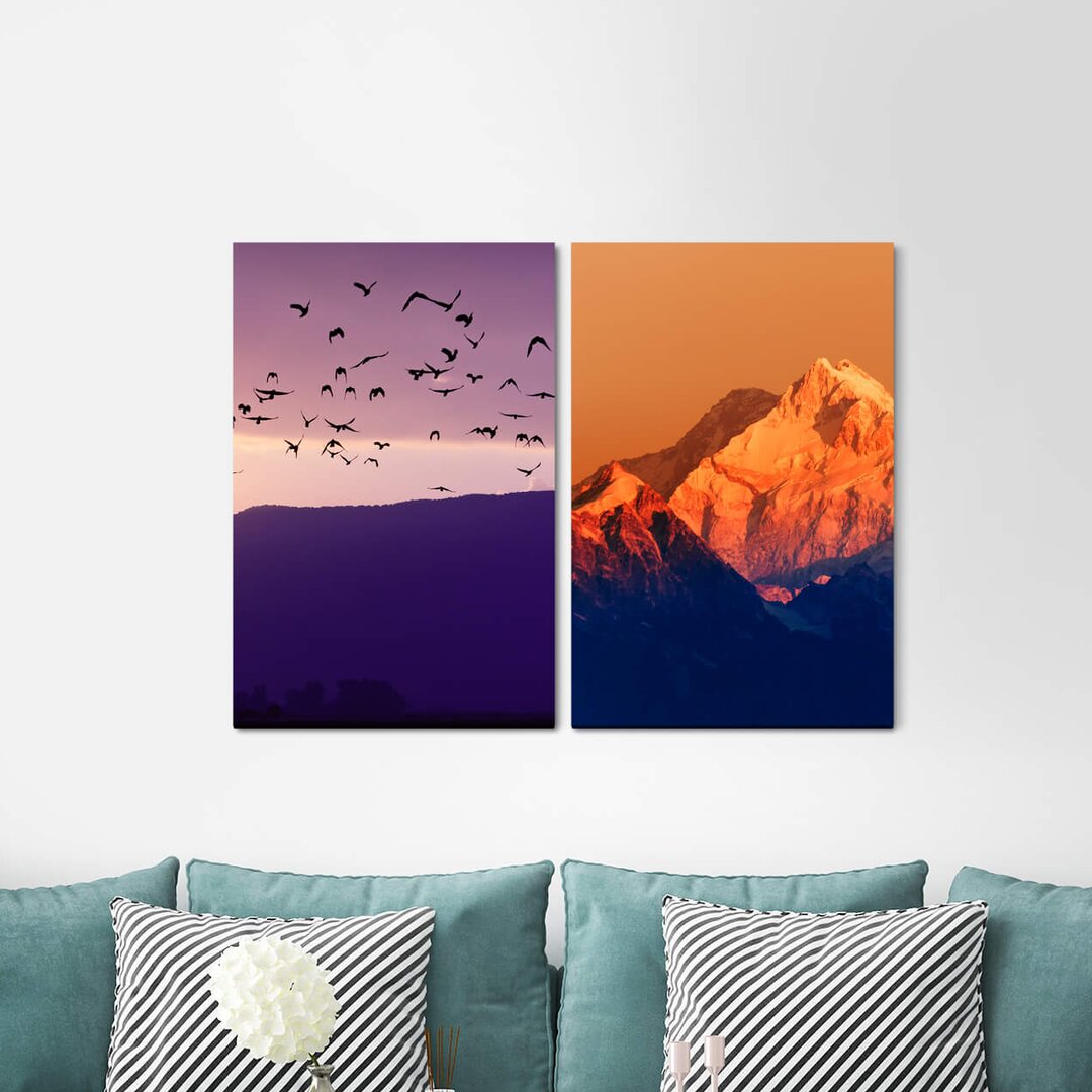 2-tlg. Leinwandbilder-Set - Fotografie "Vogelschwarm Gebirge Berge Vögel Sonnenuntergang Sonnenuntergang Natur"