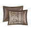 Couvre-lit réversible 5 pièces pour très grand lit - brun / or, feuille, rayures et motifs, 2 taies décoratives et coussins décoratifs, lavabilité durable, taies décoratives, décoration facile à entretenir