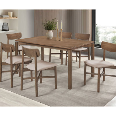 7 Dining In Mid-century Inspired Style, Natural Walnut Finish, Rectangular Table And Six Tan Upholstered Seating Chairs Style Wood , For Beige Comfort