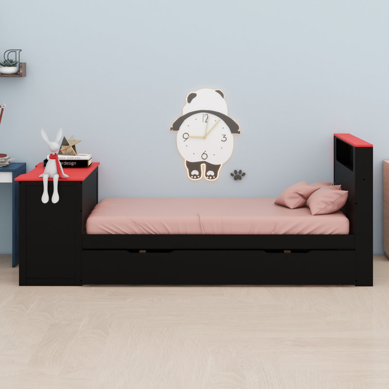 Lit de jour en bois peu encombrant avec lit gigogne, bureau, lumière DEL et ports USB, Noir et rouge