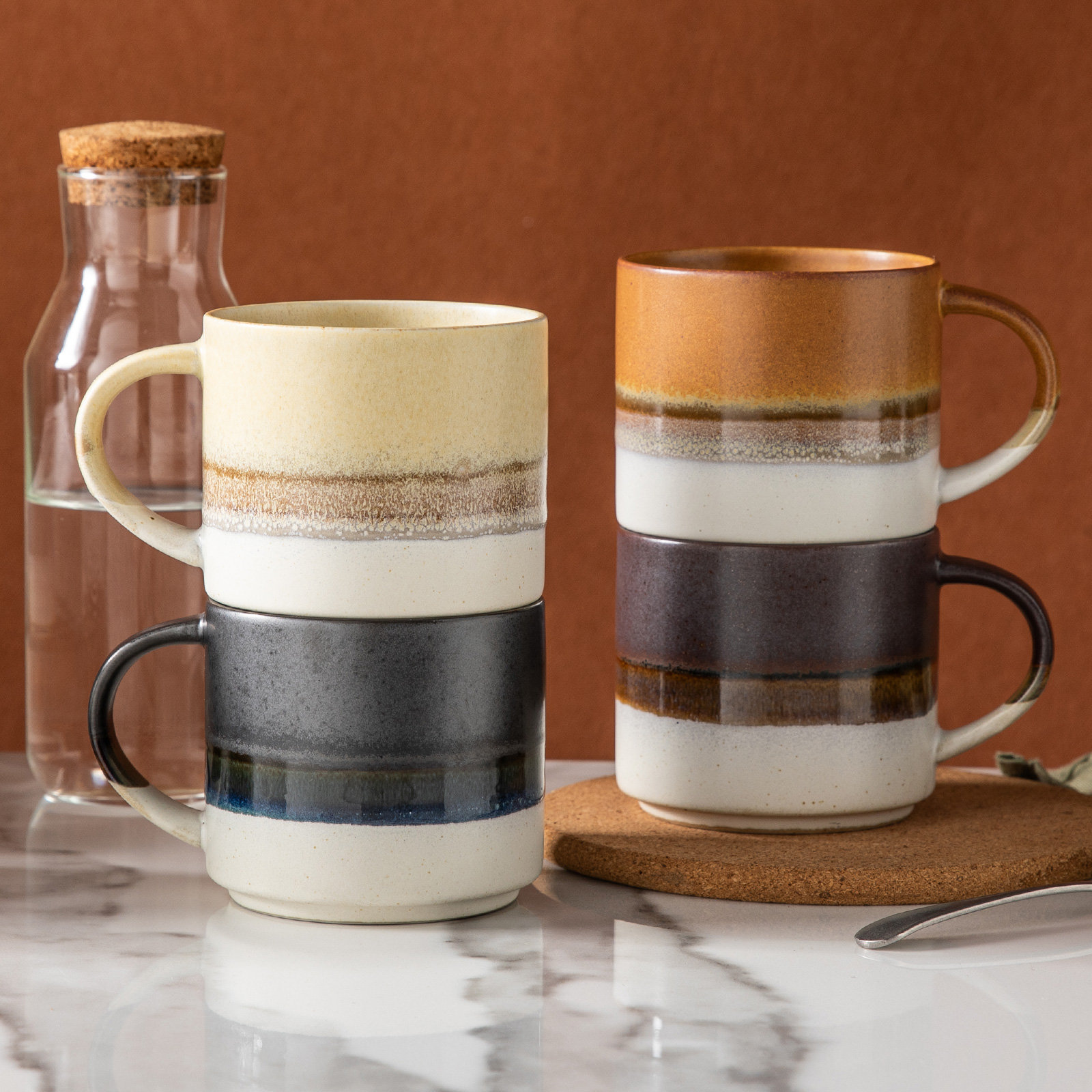  Stoneware Coffee Mugs, Black,Brown,Beige,Gray