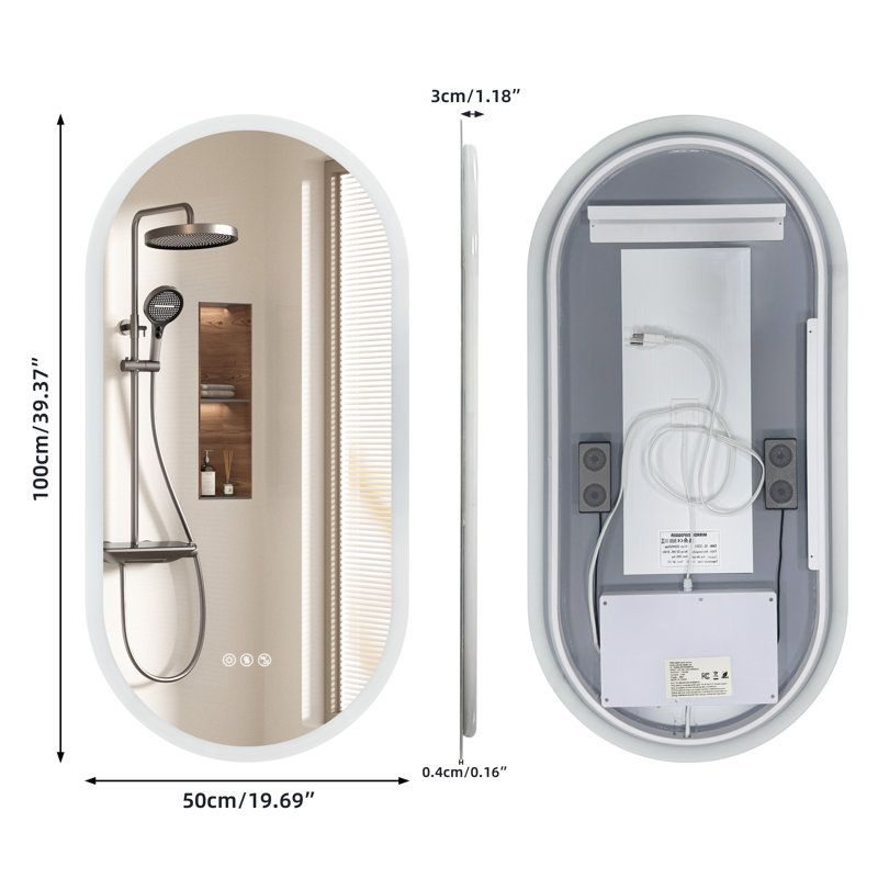 Miroir de salle de bain DEL 101,6 x 50,8 cm avec deux haut-parleurs Bluetooth pour petite salle de bain et salle d'eau, éclairage à intensité variable 3 couleurs, antibuée, fonction mémoire et tactile intelligent