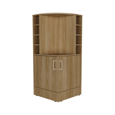 42" High Corner Bar Cabinet In Oak, Eight Bottle , Double Door, Modern Home Oak Beverage Cabinet, 43" Tall, Wine Bottles Door