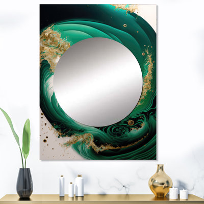 Bravington Emerald Green And Gold Abstract Waves III - Abstract Spirals Wall Mirror, Green Decorative Mirror, Printed Metal Art