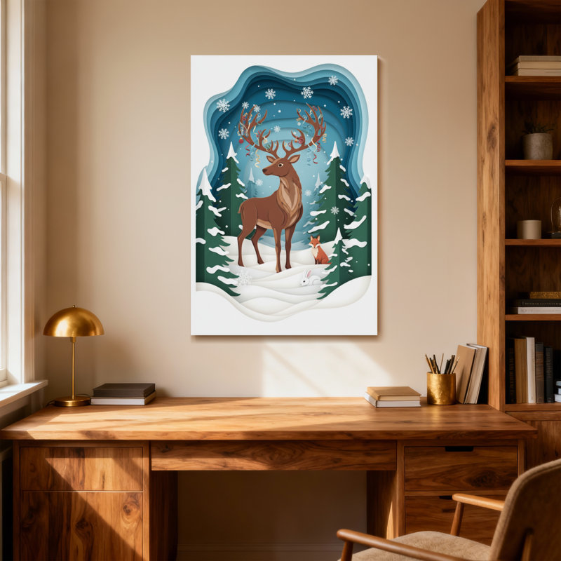 Noël, hiver, forêt, renard, cerf, flocon de neige, pin, H 36 po x l 24 po
