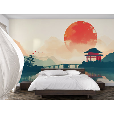 Japanese Sunset Landscape Wallpaper - Minimalist Zen Style With Temple, Bridge, Mountains And Red Sun, Serene Wall Mural For Living Room Or Meditation Space