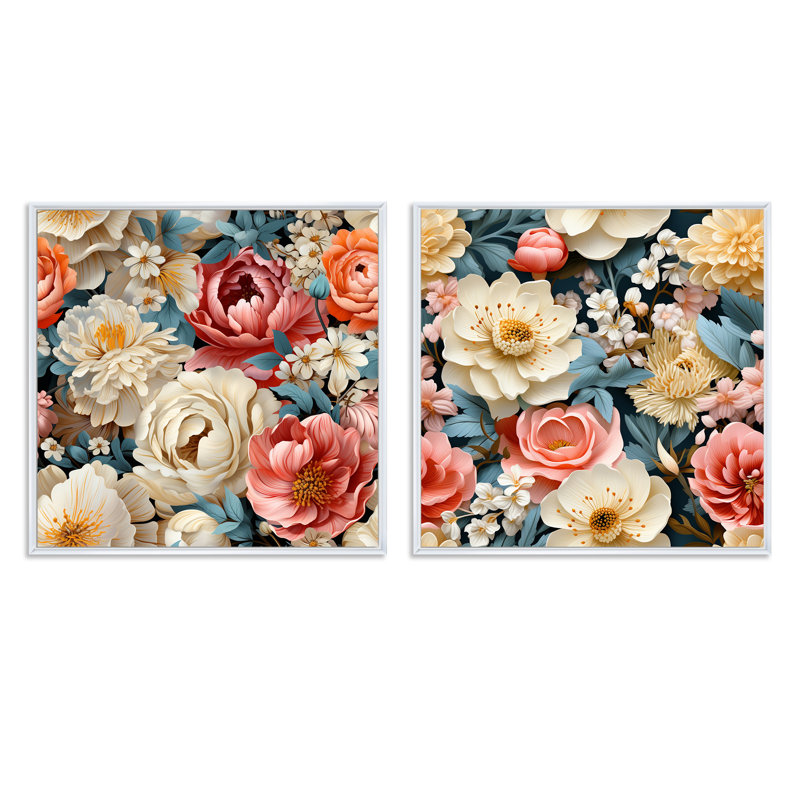Spring Bouquet Botanical Pattern II - Floral Square Collage Set Of 2, White Floater Framed, 36" H x 73" W